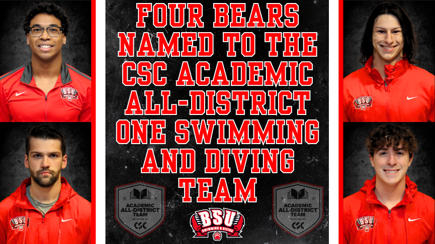 Graphic of four members of the BSU men's swimming & diving team named to CSC Academic All-District Team